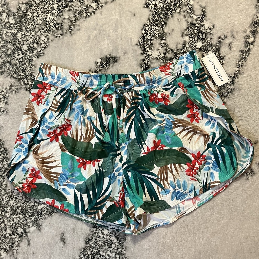 Jantzen Cover-Up Swim Over-Shorts Womens Sz 14‎ Tropical Palm Print Multicolor